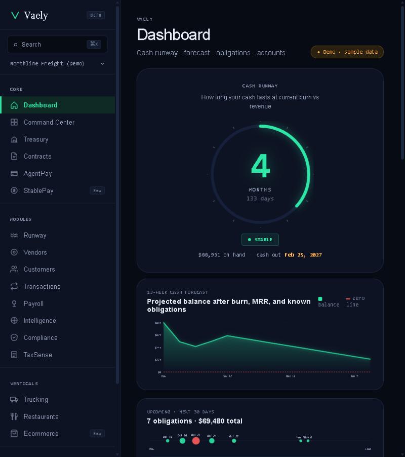 Vaely — cash runway SaaS for trucking companies